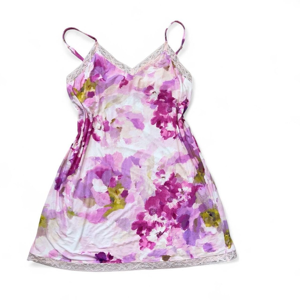 Soma Floral Lace Trim Chemise sleep Dress Size L Pink Purple Floral